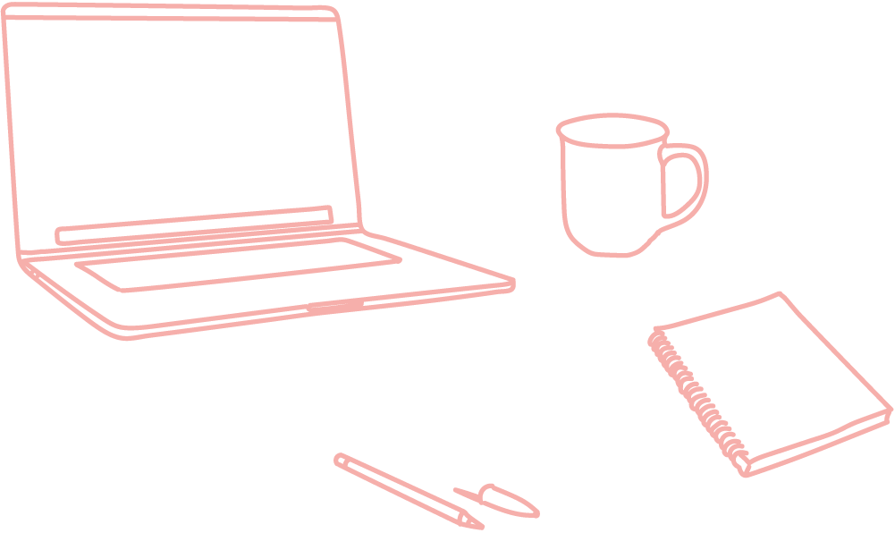 Dessin d'un ordinateur, d'un carnet, d'un crayon et d'une tasse qui illustre le travail de bureau
