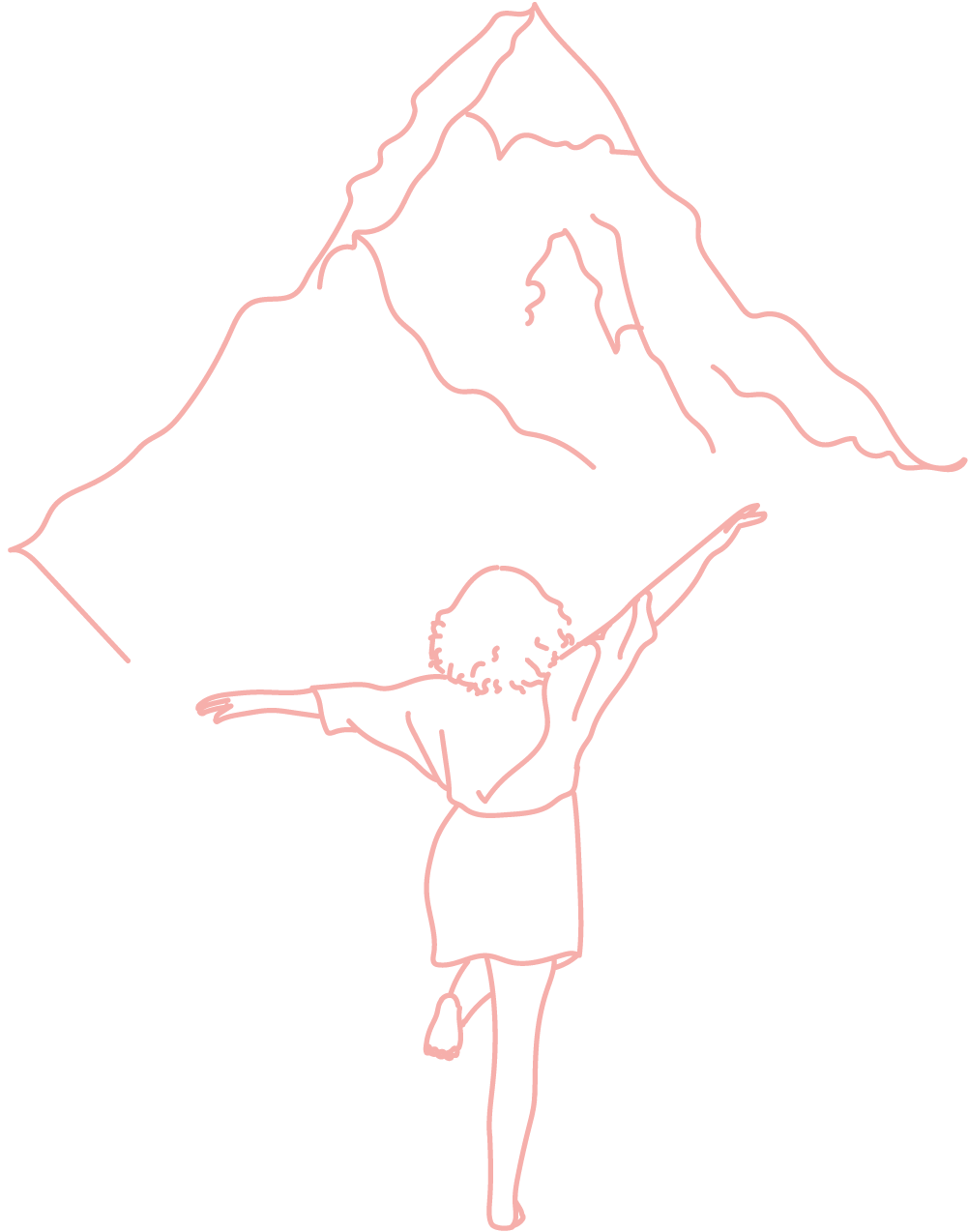 Dessin d'une femme debout face à une montagne qui illustre notre capacité à relever un défi sereinement grâce à la sophrologie dynamique