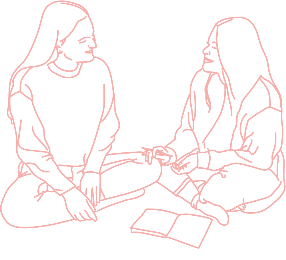 Dessin de deux femmes assises par terre côte à côte qui illustre la rencontre unique et singulière d'une séance en sophrologie dynamique