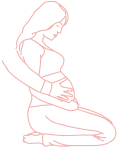 Illustration d'une femme enceinte de profil, ventre arrondi, ses mains et celles du second parent posées sur le ventre.